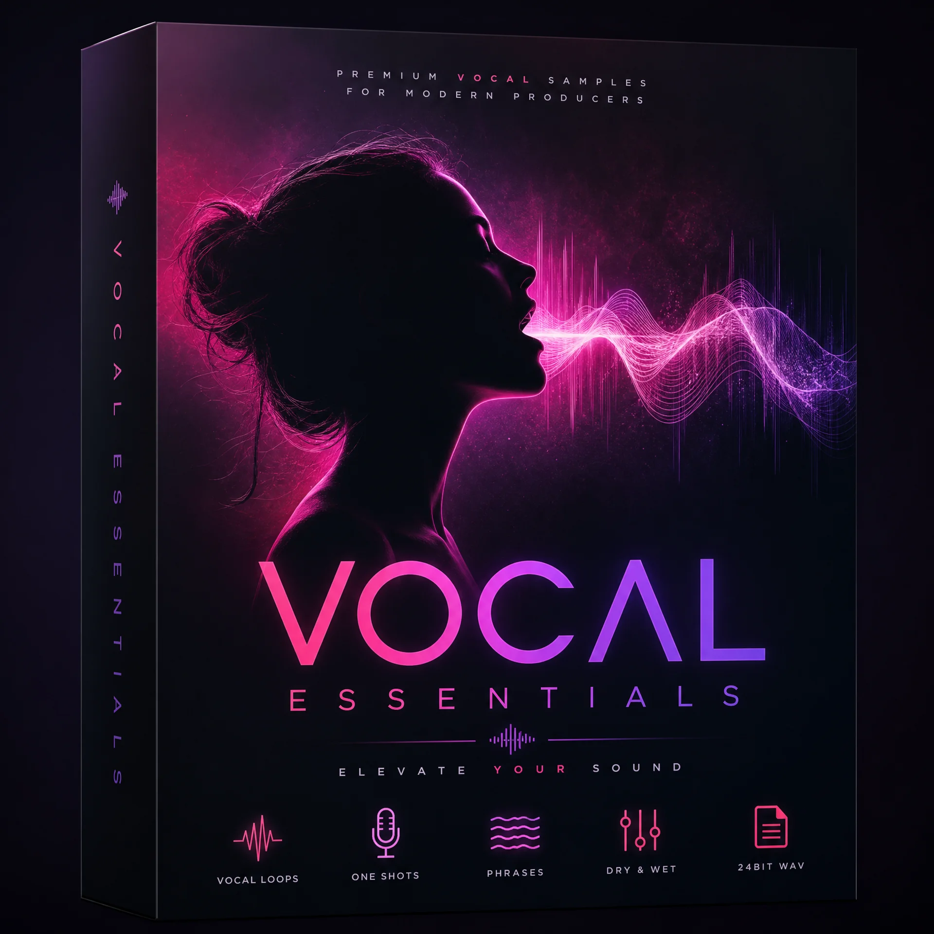 Vocal Essentials人声采样包封面，女性剪影与声波